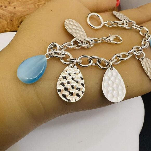 Blue Silver Tone Charm Dangle Drop Bracelet Spring Summer 7” 1477 - Picture 5 of 11